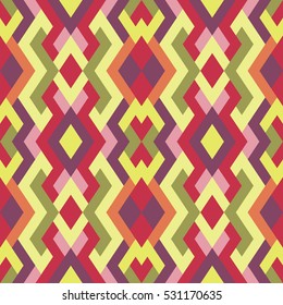 Abstract seamless pattern. Vector geometric background of triangles in yellow, violet, red and green colors. Mosaic texture for textile, clown, carpeting, warp, book cover, clothes
