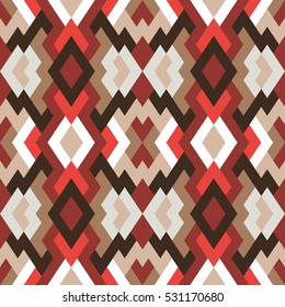 Abstract seamless pattern. Vector geometric background of triangles in white, brown and red colors. Mosaic texture for textile, clown, carpeting, warp, book cover, clothes