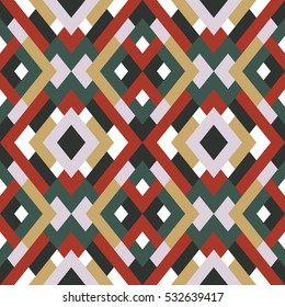 Abstract seamless pattern. Vector geometric background of triangles in white, green and red colors. Mosaic texture for textile, clown, carpeting, warp, book cover, clothes