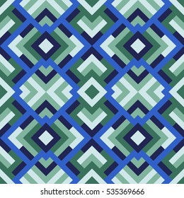Abstract seamless pattern. Vector geometric background of triangles in white, blue and green colors. Mosaic texture for textile, clown, carpeting, warp, book cover, clothes