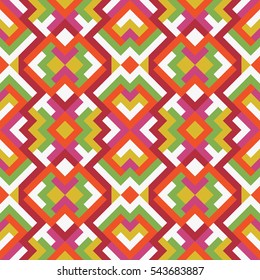 Abstract seamless pattern. Vector geometric background of triangles in green, white and red colors. Mosaic texture for textile, clown, carpeting, warp, book cover, clothes. Greenery backdrop