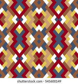 Abstract seamless pattern. Vector geometric background of triangles in white, red, brown and blue colors. Mosaic texture for textile, clown, carpeting, warp, book cover, clothes.