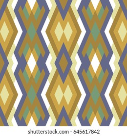 Abstract seamless pattern. Vector geometric background of triangles in green, blue and yellow colors. Mosaic texture for textile, clown, carpeting, warp, book cover, clothes