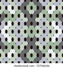 Abstract seamless pattern. Vector geometric background of triangles in white, black, gray and green colors. Mosaic texture for textile, clown, carpeting, warp, book cover, clothes