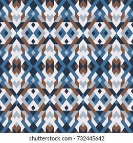 Abstract seamless pattern. Vector geometric background of triangles in white, blue and brown colors. Mosaic texture for textile, clown, carpeting, warp, book cover, clothes