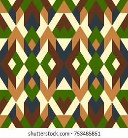 Abstract seamless pattern. Vector geometric background of triangles in green, blue and brown colors. Mosaic texture for textile, clown, carpeting, warp, book cover, clothes