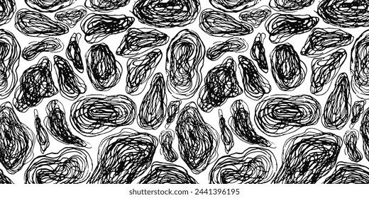 Abstract seamless pattern with vector grunge black and white textured hand drawn swirl shapes. Artistic monochrome print with messy pen drawing curves for textile design, wrapping paper, wallpaper