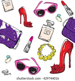 Abstract seamless pattern. Vector hand drawn graphic fashion sketch high heels ,  clutch, lipstick, french perfume,  glasses. Modern fashionable background for girl.