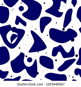 Abstract seamless pattern vector illustration. Blue and dark different geometric shapes and circles on transparent background. For fabric, prints, t-shirt, carpet design.