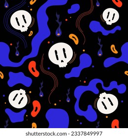 Abstract seamless pattern. Vector illustration with decorative abstract forms, blue fires and skulls.