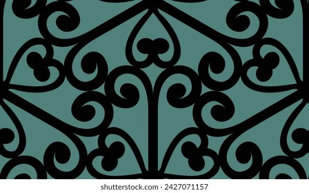 Abstract Seamless Pattern, Vector Illustration with Two-Color Combination - Black on Teal Background; Waving Lines, Curved Shapes; Endless Design; Print for Gift Paper, Packaging, Wallpapers, Clothes,