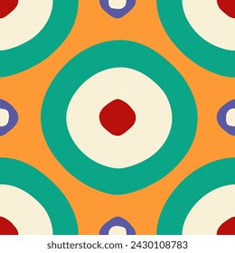 Abstract Seamless Pattern, Vector Illustration - Green, White, Red and Blue Round Shapes on Orange Background; Endless Design; Print for Gift Paper, Packaging, Wallpapers, Clothes, Textiles.