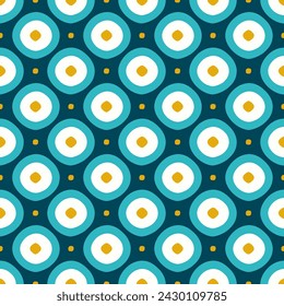 Abstract Seamless Pattern, Vector Illustration - Teal and Yellow Round Shapes on Teal Background; Endless Design; Print for Gift Paper, Packaging, Wallpapers, Clothes, Textiles.