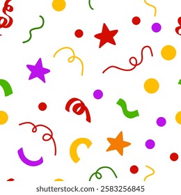 Abstract seamless pattern. Vector illustration with streamers, stars, confetti. Colourful doodle backdrop on white background for party decorations, print, wrapping, textile