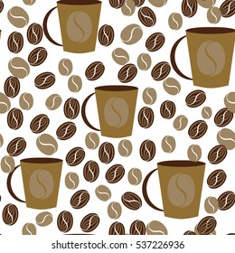 Abstract seamless pattern, vector illustration. Color ornament of geometric, plant elements, coffee beans and cups