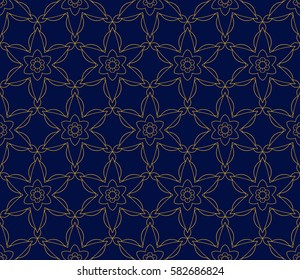 Abstract seamless pattern. Vector illustration. Pattern of geometric and floral elements. Image of repeating and alternating constituent elements. Decorative  ornament on blue background