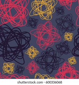 Abstract seamless pattern. Vector illustration. Background for textiles. Doodle Balls, themes, lines. Design of curtains.  Pink, orange, blue, combination
