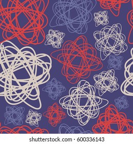 Abstract seamless pattern. Vector illustration. Background for textiles. Doodle Balls, themes, lines. Design of curtains.  Red, purple combination