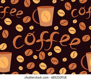 Abstract seamless pattern, vector illustration. Color ornament of plant elements, coffee beans and cups