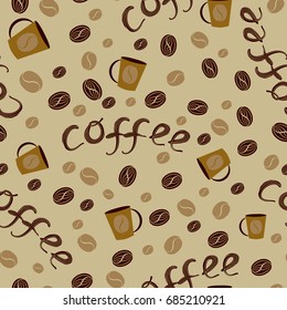 Abstract seamless pattern, vector illustration. Color ornament of plant elements, coffee beans and cups