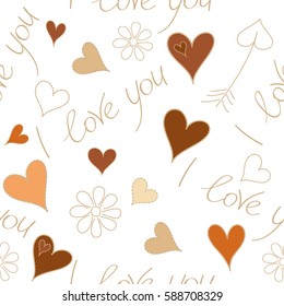 Abstract seamless pattern vector simple doodle print with I love you text and hearts in beige, brown and yellow colors on a white background. Vector illustration.