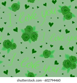Abstract seamless pattern vector simple doodle print with love text, rose flower, letter and hearts in green colors. Vector illustration.