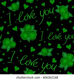 Abstract seamless pattern vector simple doodle print with love text, letter and hearts in green colors on a black background. Vector illustration.