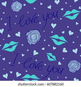 Abstract seamless pattern vector simple doodle print with love text, rose flower, letter and hearts in blue and violet colors. Vector illustration.