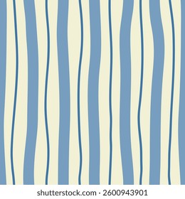 Abstract seamless pattern of vertical blue thick and thin wavy stripes on a light background, simple hand drawn illustration, flat style