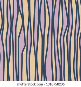 Abstract seamless pattern with vertical curved lines. Background with uneven parallel stripes. Ornament in violet and beige colors.