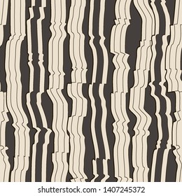 Abstract seamless pattern with vertical curved lines. Background with uneven parallel stripes. Ornament in brown and beige colors.