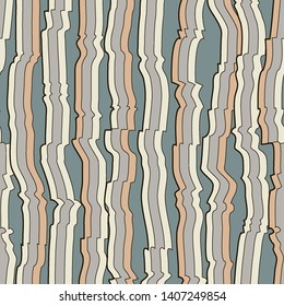 Abstract seamless pattern with vertical curved lines. Background with uneven parallel stripes. Ornament in gray and orange colors.