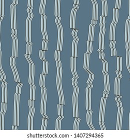 Abstract seamless pattern with vertical curved lines. Background with uneven parallel stripes. Ornament in black and blue colors.