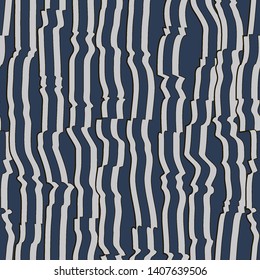 Abstract seamless pattern with vertical curved lines. Background with uneven parallel stripes. Ornament in light gray and dark blue colors.