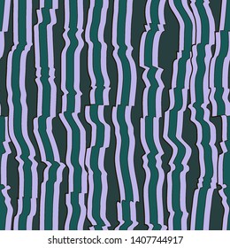 Abstract seamless pattern with vertical curved lines. Background with uneven parallel stripes. Ornament in lilac and dark green colors.