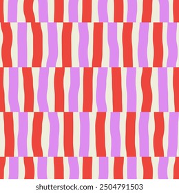 Abstract seamless pattern of vertical curved violet and red stripes in a row, hand drawn illustration, flat style