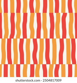 Abstract seamless pattern of vertical curved orange and red stripes in a row, hand drawn illustration, flat style