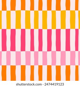 Abstract seamless pattern of vertical multicolored stripes in a row, distorted chess pattern, hand drawn illustration