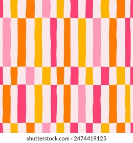 Abstract seamless pattern of vertical multicolored stripes in a row, distorted chess pattern, hand drawn illustration 