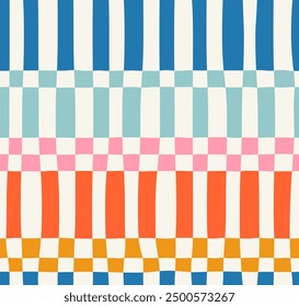 Abstract seamless pattern of vertical multicolored stripes in a row, distorted colorful chess pattern on a light background, hand drawn illustration, flat style