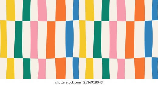 Abstract seamless pattern of vertical multicolored stripes in a row, distorted colorful chess pattern on a light background, hand drawn illustration, flat style