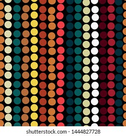 Abstract seamless pattern. Vertical stripes of colored circles. Painted dots in bright colors. Vintage vector Wallpaper, template for fashion interior design, fabrics, prints...Vector illustration.