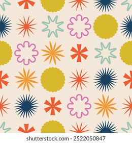 Abstract Seamless Pattern. A vibrant and colorful mix of shapes, such as stars and circle, ideal for modern designs