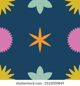 Abstract Seamless Pattern. A vibrant and colorful mix of shapes, such as stars and circles, on a dark backdrop, ideal for modern designs