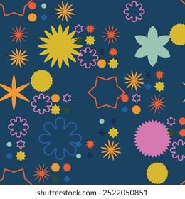 Abstract Seamless Pattern. A vibrant and colorful mix of shapes, such as stars and circles, on a dark backdrop, ideal for modern designs