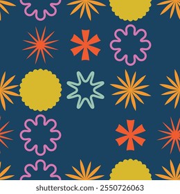 Abstract Seamless Pattern. A vibrant and colorful mix of shapes, such as stars and circles, on a dark backdrop, ideal for modern designs
