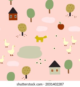 Abstract seamless pattern with village landscape ,geese, fox, houses and trees on pink background. Perfect for fabric, textile, wallpaper, kindergarten.