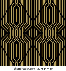 Abstract seamless pattern in vintage Art Deco style. Pattern for the design of original tableware, textiles, wallpaper, greeting cards and stylish clothes. Black gold vector illustration.