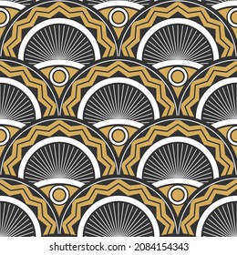 Abstract seamless pattern in vintage Art Deco style. Pattern for the design of original tableware, textiles, wallpaper, greeting cards and stylish clothes. Black gold vector illustration.