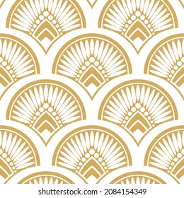 Resumen de un patrón impecable en estilo Art Deco vintage. Patrón para el diseño de vajilla original, textiles, papel pintado, tarjetas de felicitación y ropa elegante. Ilustración vectorial blanca dorada.